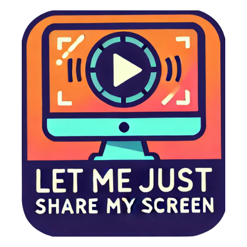 The podcast logo titled, "Let me just share my screen" has a computer monitor with a play button in the center, depicting a video on screen. Around the play button is a camera focus lens, depicting themes of photography and video on the shared screen.